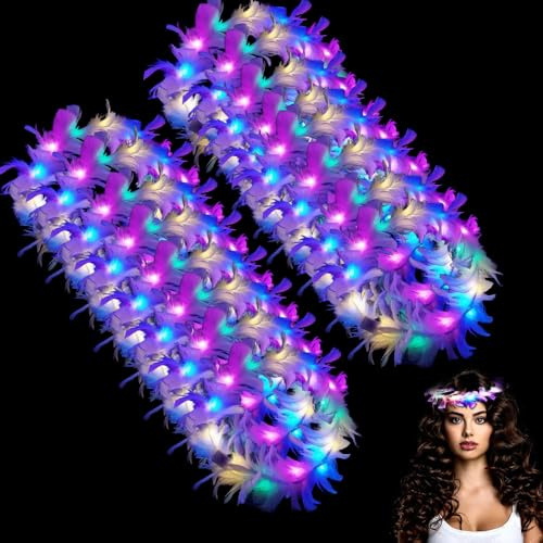 HuaMuDM 16 Pcs Leuchtender Haarkranz Feder,Leuchtender Haarkranz Feder | LED Federkranz Stirnband,LED Haarreif für Geburtstag,Weihnachten,Halloween,Fasching,Party Dekor