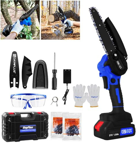 Tronçonneuse électrique avec batterie de 15 cm - Avec 2 batteries de 21 V 1,5 Ah - Pour couper du bois, des arbres, une taille de coupe de 80 mm, 2200 spm, 2 chaînes, 1 plaque de guidage