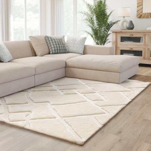Interiyou Teppich Wohnzimmer Verona - 160x230 cm Creme - Für Schlafzimmer, Esszimmer, Kinderzimmer - Hochflor mit 3D-Effekt - geometrische Muster - Pflegeleicht