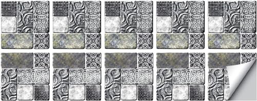 HAvern Kitchen Tile Stickers Retro Black Silver Peel and Stick Wallpaper PVC Waterproof Oil Proof Self Adhesive Wall Tiles Tile Stickers for Kitchen Bathroom Home Decor Stick on Tiles 10
