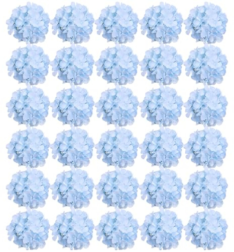 FagusHome Silk Hydrangea Heads 30 Pcs Artificial Flowers Only Heads No Stems Fake Hydrangea Flowers for Home Wedding Decor No Stems (Light Blue)