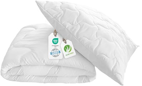 BLUE MOON Aloe Vera Bettdecke 140x200 - Kopfkissen 70x90 - Schlafen Kopfkissen Komfort - atmungsaktives Allergiker - Bettdeckenset 100% Made in EU (Set Bettkissen 70 x 90 + Steppbettdecke 140x200 cm)