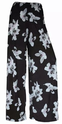 RIDDLED WITH STYLE Ladies Wide Leg Printed Palazzo Summer Wear Beach Trousers Womens Plus Size Baggy Pants Floral Printed Bottoms Casual Wear Paisley Trousers Palazzo Pants (Black Lily UK 12-14)