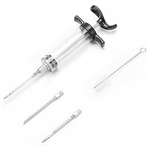 Plastic Marinade Injector Syringe with Screw-on Meat Needle for BBQ Grill, 1-oz, Black (3 Stainless Steel Meat Needles + 1 Cleaning Brush) for BBQ Grill Turkey Smoked