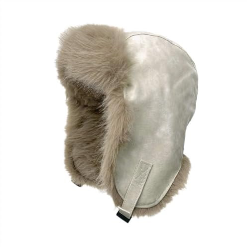 Lifup Wintermütze mit Ohrenklappen, Damen Warme Leder Trappermütze Hut Winddicht Skimütze Plüsch Fliegermütze Weiß