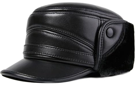 Vnook Leder Baseballmütze Herren - Verstellbare Baseballkappe Aus Echtem Fliegermütze Bomber Hut Warm Trapper Mütze Kunstfellmütze Wintermütze Mit Ohrenklappen Pilotenmütze Schirmmüt(Black,XXL)