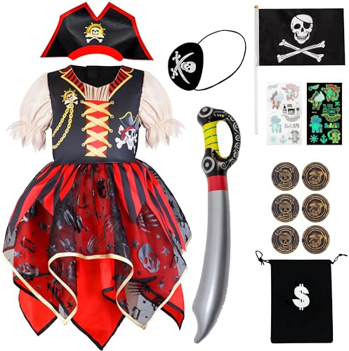 IKALI Piratdräkt för flickor, piratklänning barn maskeraddräkt outfit för halloween världsbokens dag fest 15 delar 7-8 år