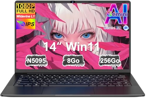 Ordinateur Portable 14 Pouces Celeron N5095 Win11 Pro 8Go RAM 256Go SSD Extension1To 5G WiFi 1920x1080 FHD PC Portable avec Souris sans Fil qwerty Clavier avec AZERTY Membrane du Clavie - Noir Métal