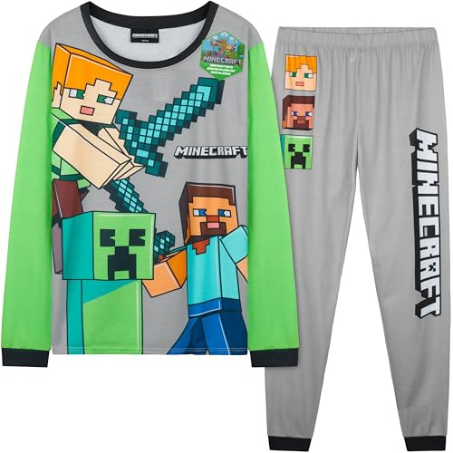Get Trend Minecraft Pyjama Garçon et Ado, Creeper Ensemble Long Creeper 2 Pièces, Vêtement de Nuit et Détente, Cadeau Gamer (6-7 Ans, Gris Minecraft)