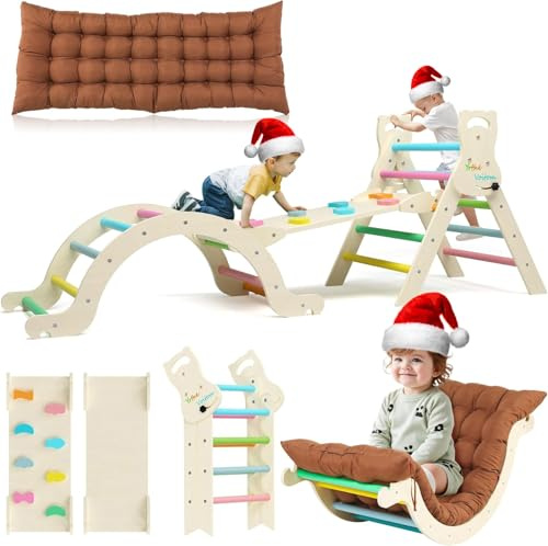 Toddler Climbing Frame for Toddlers Age 1 2 3 4 5+, Upgrade Indoor Kids Baby Wooden Climbing Frame with Slide Ramp Triangle Climber Arch Cushion, Montessori Toy Toddler Kid Gym - Large (Rainbow)