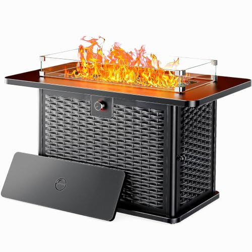 Ciays Mesa rectangular de propano de 43 pulgadas con salida de 60.000 BTU, gas premium certificado CSA para patio exterior con quemador H de acero inoxidable 304, piedras de vidrio y protector de