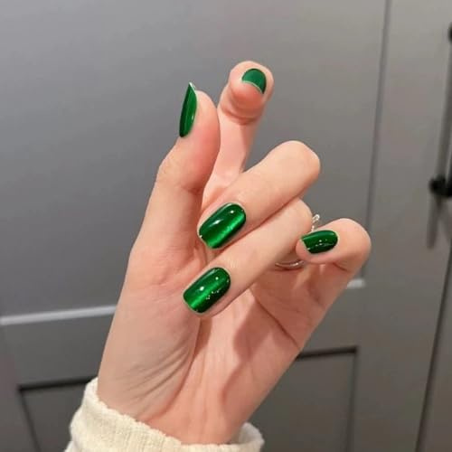 Ceboic 24 Stück French Press on Nails, Kurz Eckig Fingernägel zum Aufkleben Grün Katzenauge Falsche Nägel mit Design, Glitzer Künstliche Nägel Full Cover Kunstnägel für Frauen & Mädchen