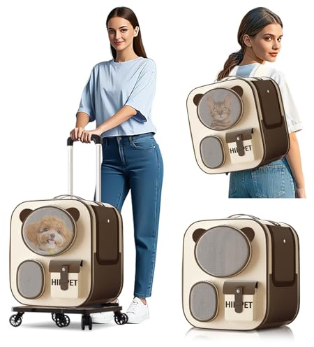 PETCUTE Hunderucksack Katzenrucksack mit Trolley,3 in 1 Katzenrucksack Große Katzen mit Herausnehmbarer Matte,Sicherheitsgurt,Faltbar Transportbox für Kleine Hunde und Katzen,Bis 12.5 kg,Braun
