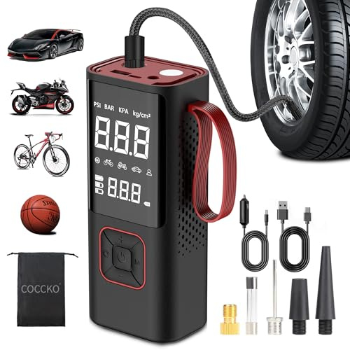 Gonfleur Pneus Voiture Sans Fil,COCCKO 6000mAh Compresseur à Air Portatif pour Pneus, 150PSI gonfleur velo electrique,LED et Arrêt Automatique, avec 3M Cigarette Lighter 12V et Storage Bag