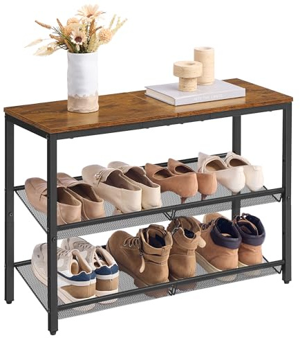 VASAGLE Scarpiera, Scaffale Portascarpe da Ingresso a 3 Livelli con Piano Ampio e Ripiani di Rete Regolabili, Slim, per Entrata Corridoio, Marrone Vintage e Nero Inchiostro LBS043KD01