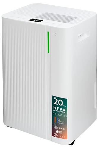 Déshumidificateur et Purificateur d’Air Turbionaire LEVI 20 ION Clean 20 L/Jour, Purification avec ioniseur, Filtre HEPA, Réservoir 4.5L, Adsorbeur d'humidité, Séchage du Linge, Idéal pour 50m²