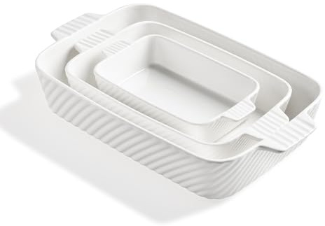 Sweejar Home Ceramic 13 x 9 Baking Pan, Cake Baking Dish for Brownie, Porcelain Striped Casserole Dishes for Oven with Handle for Lasagna, Family Dinner Set of 3(White)