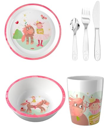 HABA Unisex Geschirr-Set 4-Pack Schüssel, Teller, Becher & Besteck - Prinzessin&Pferd - Größe One Size