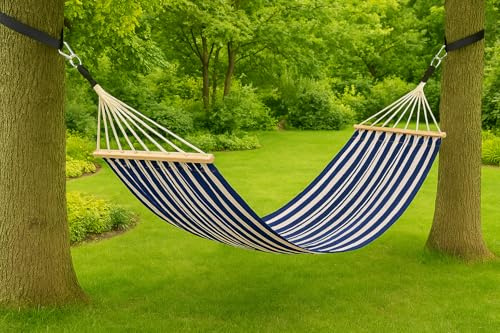 Cotton & Polyester Striped Hammock with Tree Straps - 200cm x 80 cm - 120kg Capacity - Heavy-Duty, Portable & Comfortable - Ideal for Garden, Camping & Outdoor Relaxation