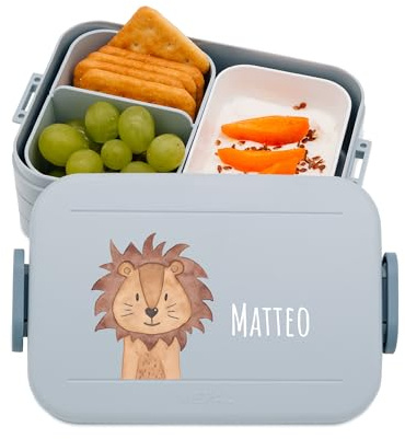 wunderwunsch MEPAL Brotdose Spülmaschinenfest Kinder, Lunchbox mit Einsatz für perfekte Ordnung, Spülmaschine, Mikrowellengeeignet, personalisiert mit niedlichem Motiv (Löwe, blau)