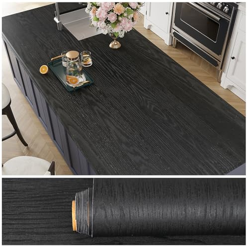 VEELIKE Papier Peint Aspect Bois Noire Papier Peint Autocollant Papier Adhesif pour Meuble Cuisine Revetement Plan de Travail Cuisine Lavable Vinyle Adhesif Salle de Bain Imperméable 40cm × 300cm
