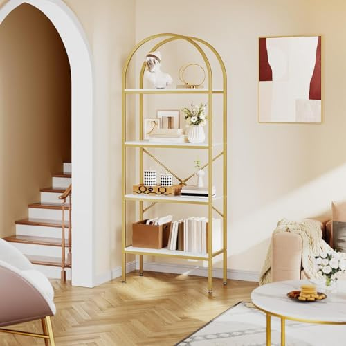 YITAHOME 4-Stufiges Bücherregal (60x30x181,4 cm) – Weiß-Gold Regal mit Bogen-Design für Wohnzimmer & Home Office, freistehend mit verstellbaren Füßen, stabiles Metallgestell, modern