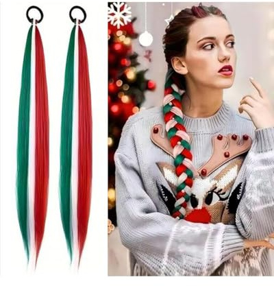 FUGLUS 2 pièces extensions de cheveux synthétiques à tresser - 66 cm - Avec chouchou - Tressage multicolore - Pour enfants, fête, vacances, Fête de Noël,carnaval - Décoration (B)