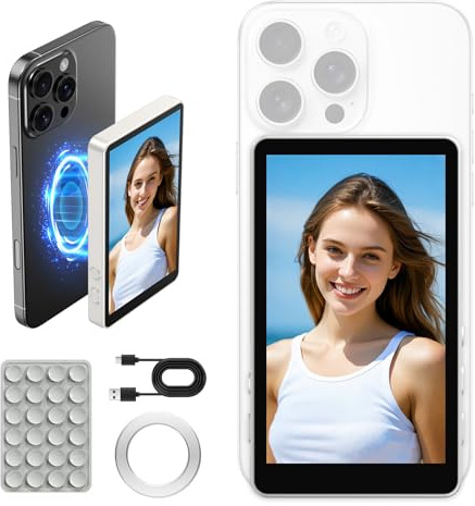 XJUGEZ Écran Retour Caméra Téléphone,4K Écran de Moniteur Selfie pour Retour Camera iPhone17/Android,Télécommande Creator Selfie Monitor Screen,Magnétique Vlog Caméra Arrière sans Fil-3,5H D'Autonomie