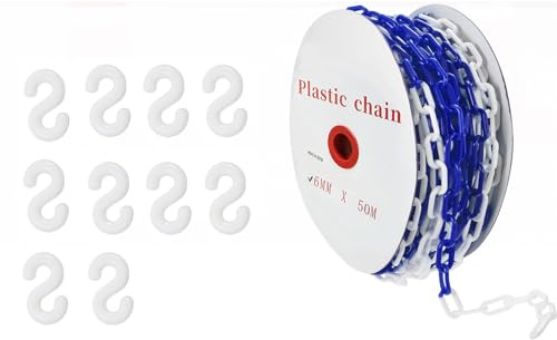 50m Absperrkette Blau Weiß Kunststoff, 6mm Absperrkette Warnkette Absperrung Plastikkette mit 10 S-Haken, Sicherheits-Warnkette aus Kunststoff für die Baustelle, Parkplatz und Auftragspflege