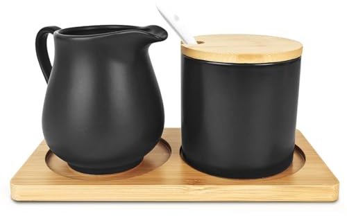 Mjölk- och sockerset, svart mjölkkanna porslin och sockerskål med lock och sked, keramisk mjölkbehållare & sockerbehållare med bricka för kök och kaffe, diskmaskin och mikrovågsugn säker