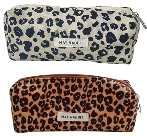 MLPKOI 2 Pcs Estuche Escolar, Pencil Case con Cremallera, Estuche de Pana, Eestuche para Lápices de Gran Capacidad, Estampado de leopardo Estuches para Niñas, Niños y Adolescentes (Marrón&Blanquecino)