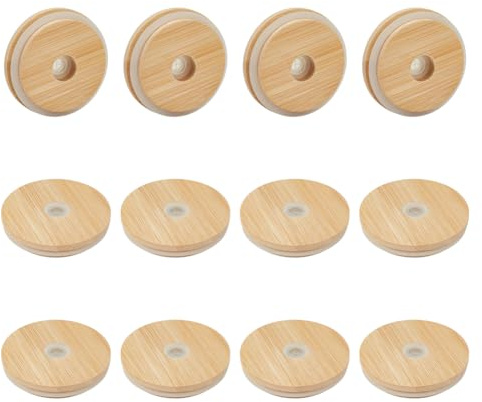 OLYCRAFT 12 tapas de madera para tarros de cristal de 70 mm tapas para tarros de cristal de madera con orificio para pajita con silicona antifugas para vasos de cerveza de boca normal
