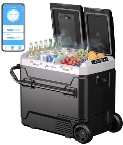 60L Kompressor Kühlbox mit Bluetooth-App, 2× UNABHÄNGIGE Temperaturregelung (-20°C bis 20°C), 12V/24V/230V, Rollen & Trennwand, Leise (45 dB) für Auto Caravan Camping