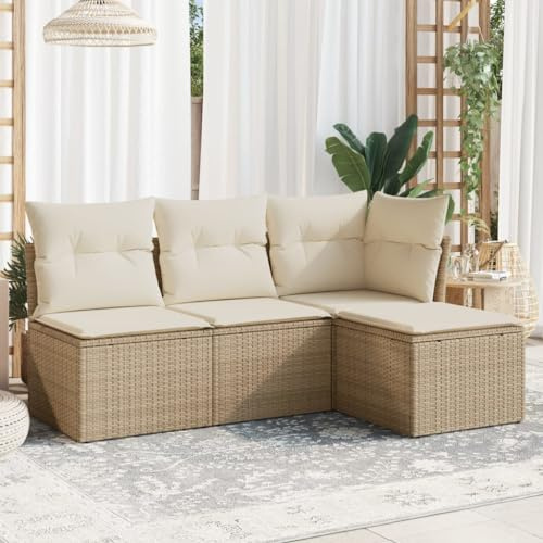 KKHOMEI Lounge Set mit Stauraum und wasserfestem Beutel, Rattan Gartenmöbel Set, Balkonlounge L Form Balkonmöbel Kleiner Balkon Rattan Ecklounge Beige und Creme 4-TLG Type-4199
