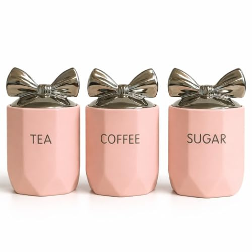 SHABJY Set of 3 Pink Ceramic Tea Coffee Sugar Canister Set with Silver Bow Lids Airtight Kitchen Storage Jars Marble Effect Gloss Finish Countertop Décor Accessories 15 x 11 cm