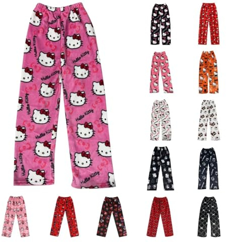 Chnnamzu Pantalon Pyjama Femme Flanelle - Bas de Pyjama Polaire Chaud et Doux Confort Cartoon Chat Anime Imprimé Kawaii Mode Décontracté Vêtements de Nuit Pantalons pour Maison Lounge