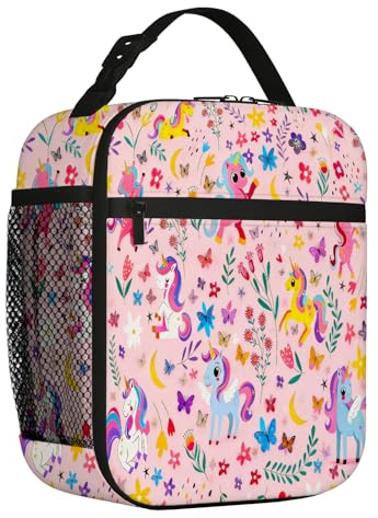 Coloured Unicorn Lunch Bag, Pink Girls Lunch Box, Insulated Unicorn Lunch Bag with Flower & Butterfly, Portable Side Mesh Pocket Packed Bag for School Picnic Travel, Preppy Stuff for Girls