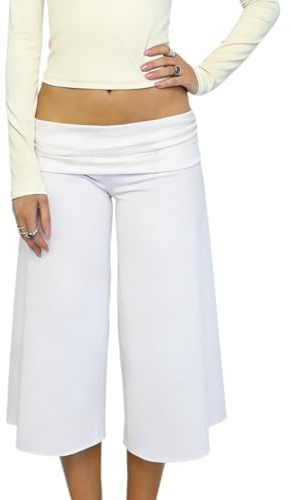 FeMereina Pantalon capri pliable pour femme - Taille basse - Jambes larges - Capris d'été mignon - Gaucho fluide - Streetwear