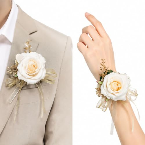 CSQSYFS Corsage and Boutonniere Set for Bride Groom Bridesmaids Groomsmen Wedding Homecoming Flowers Prom Suit Accessories, Prom Corsage, Rose Boutonniere and Wrist Corsage Flower (Champagne)