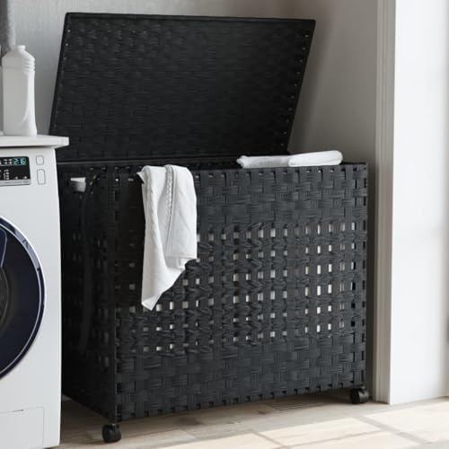 Ordellia Wäschekorb mit Rollen Schwarz aus Rattan 66 x 35 x 60 cm, 3 Fächer, mit Deckel, klappbar, Wäschebox, Wäschesammler, Wäschetonne für Bad Schlafzimmer Waschküche, platzsparende Ordnung
