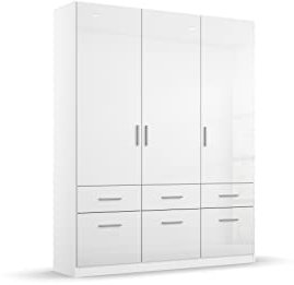 Rauch Möbel Celle Schrank Drehtürenschrank in Weiß / Hochglanz Weiß, 3-türig mit 6 Schubladen, inkl. Zubehörpaket Basic 1 Kleiderstange 2 Einlegeböden, BxHxT 136x197x54 cm