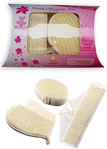 Peeling Set (3-teilig) - Peelinghandschuh, Peelinggurt, Peelingschwamm - Damen Körperpeeling Set/Wellness & Massage Set/Duschset Badeset Sisal Massagegurt Massageschwamm Massage-Handschuh
