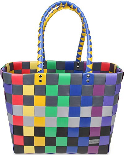 Einkaufskorb Shopper geflochten aus Kunststoff - robuster Strandkorb aus wasserabweisendem Material Farbe Classic/Rainbow