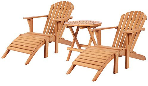 MR. DEKO Gartenmöbelgruppe Deckchair Montreal und Teaktisch Dorset - Hochwertige Outdoormöbel für Garten, Terrasse, Balkon - Klappbarer Teakholztisch