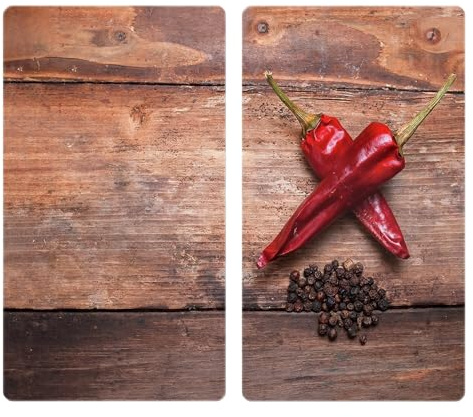 Allstar Herdabdeckplatte aus Glas, 2er Set, für Glaskeramik- und Induktionskochfelder, Herdabdeckung, Glasschneidebrett & Spritzschutz für die Küchenwand mit Motiv, 30 x 52 cm, Mod. Pepper
