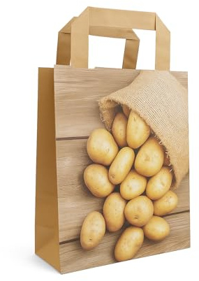 Papiertragetaschen KARTOFFELN - braun mit Flachhenkel - 18 + 8 x 22 cm (250 Stück)