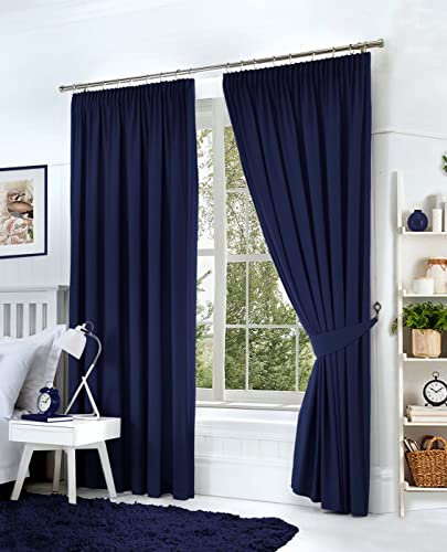 Hachette Thermal Blackout Curtains Pencil Pleat Tape Top Including Pair of Tiebacks (Navy Blue, 46 X 54)