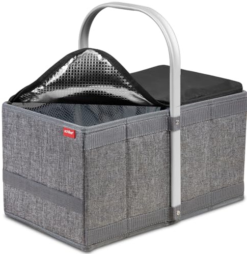 Achilles Handle-Box Cool Einkaufskorb mit Kühl-Einsatz, Picknick-Korb mit Aluminium-Griff, herausnehmbarer Kühl-Tasche, Klapp-Box, Trage-Korb, Falt-Tasche, Grau, 40 cm x 24 cm x 20 cm