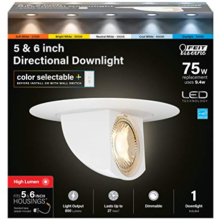 Feit Electric 5-6 inch LED Directional Recessed Downlight, 9.4W (75W Equivalent), 2700K–5000K Selectable Colors, Dimmable, 850 Lumen, 50,000-Hour Lifetime, LEDR56SCP/6WYCA