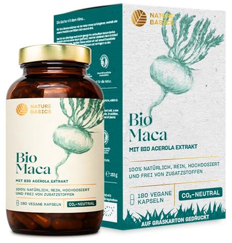 Bio Maca - 180 Kapseln hochdosiert / 2852 mg Maca Pulver & 12 mg natürliches Vitamin C aus Acerola pro Tagesdosis/Vegan, Zertifiziert & Nachhaltig im Glas